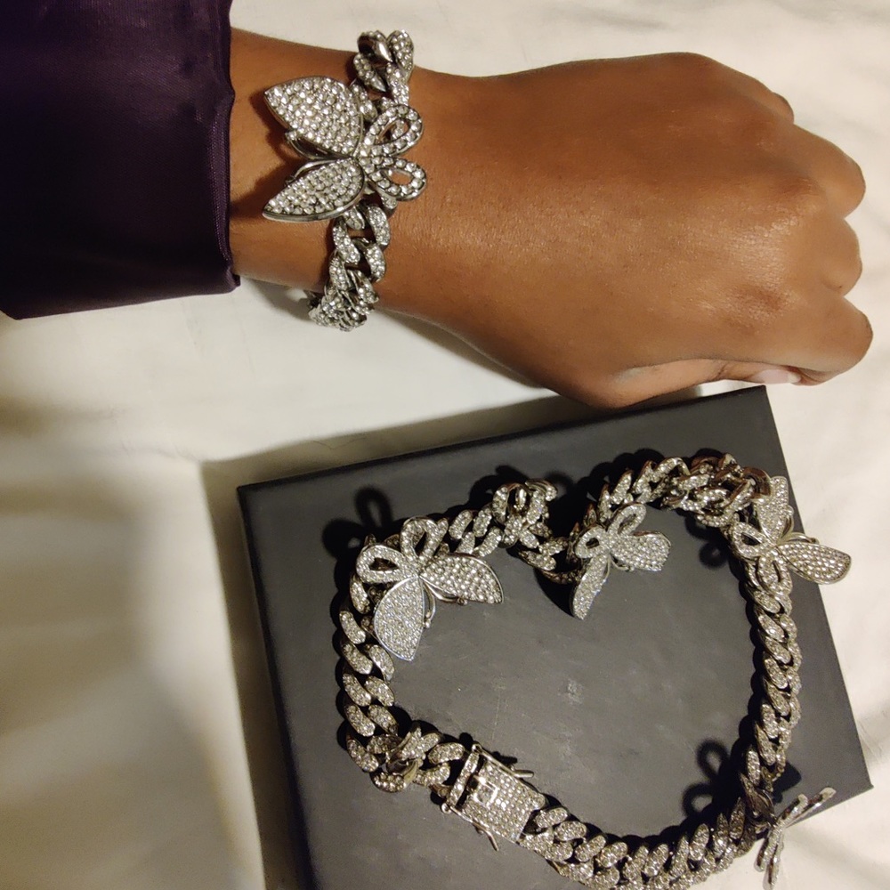 Necklace Set, Rhinestone Cuban Link, Butterfly